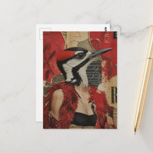 Silly Woodpecker in a black dress mixed media art Postcard