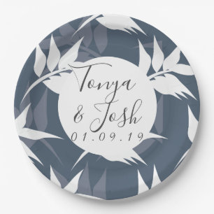 Silohuette Navy Garden Leaves Wedding Paper Plate
