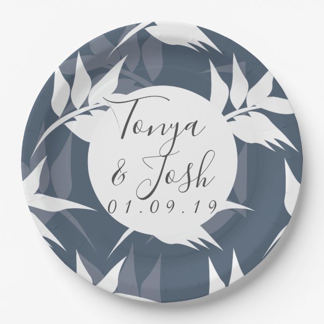 Silohuette Navy Garden Leaves Wedding Paper Plate (Front)