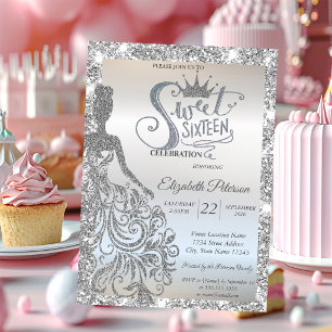 Silv Glitter Dress,Tiara Sparkle Sweet 16  Invitation