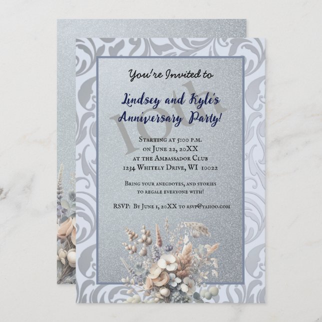 Silver 10th Wedding Anniversary Party Invitation (Front/Back)