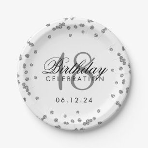 Silver 18th Birthday Faux Glitter Confetti White Paper Plate
