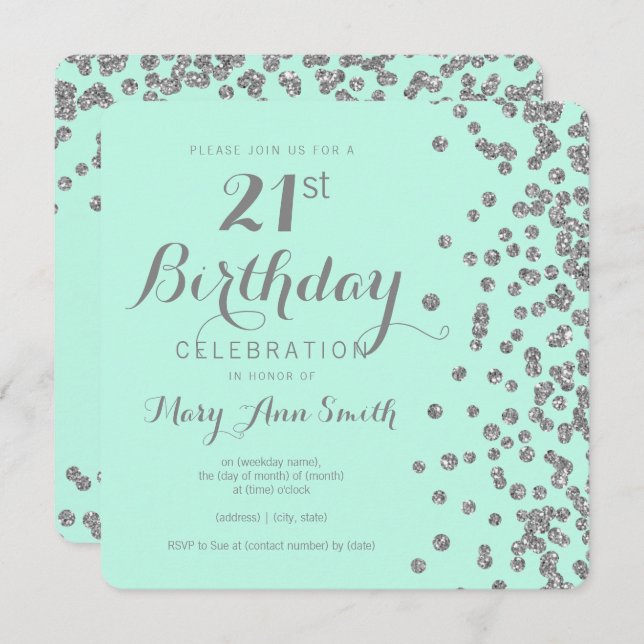 Silver 21st Birthday Faux Glitter Confetti Mint Invitation (Front/Back)