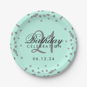 Silver 21st Birthday Faux Glitter Confetti Mint Paper Plate