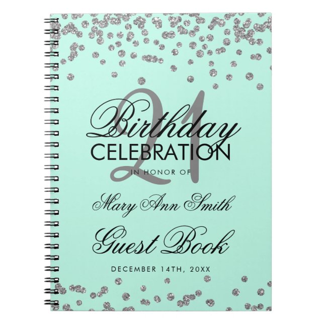 Silver 21st Birthday Guest Book Confetti Mint (Front)