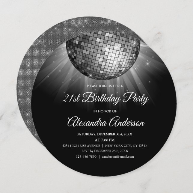 Silver 21st Birthday Party Silver Disco Ball Invitation (Front/Back)