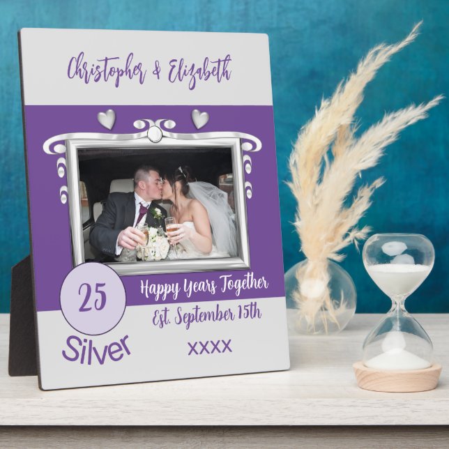 Silver 25 years anniversary add names photo purple plaque (Side)