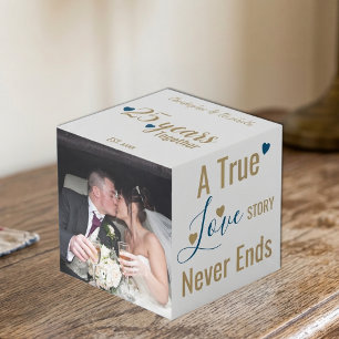 Silver 25 years anniversary blue photo cube