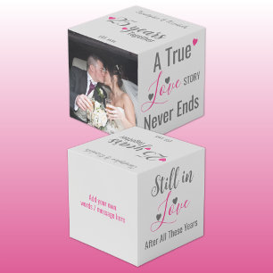Silver 25 years anniversary pink photo cube