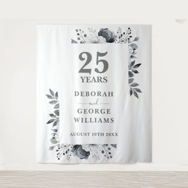 Silver 25th Anniversary Photo Booth Backdrop Tapestry (Front)