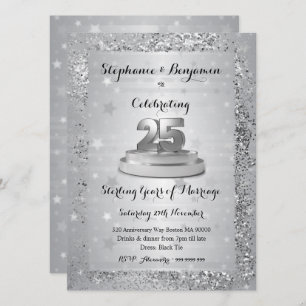 Silver 25th Wedding Anniversary Glitter Elegant In Invitation