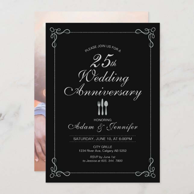 Silver 25th Wedding Anniversary Invitation Card (Front/Back)
