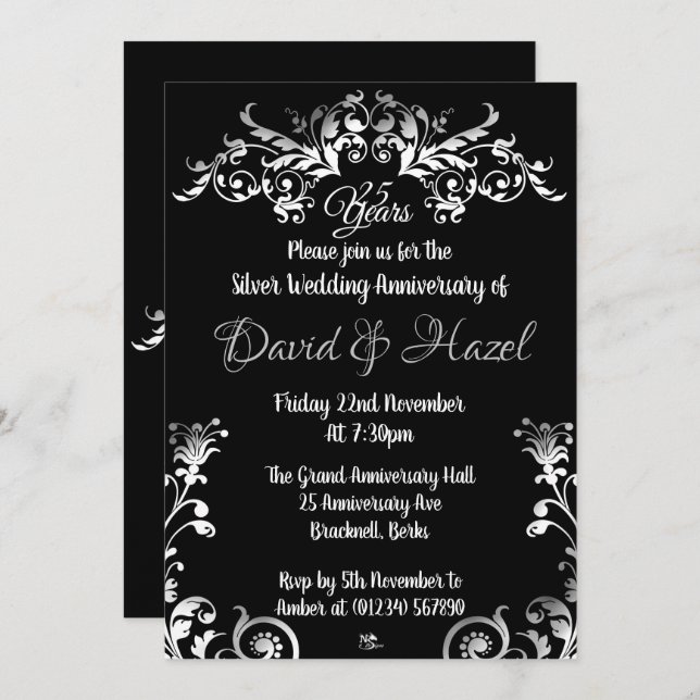 Silver 25th Wedding Anniversay Invitations (Front/Back)