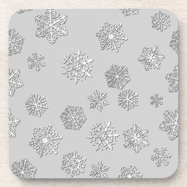 Silver 3-d snowflakes on a silver background coaster (Front)