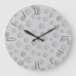 Silver 3-d snowflakes on a silver background large clock