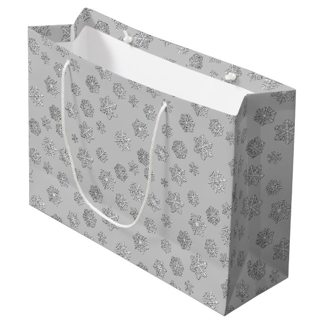 Silver 3-d snowflakes on a silver background large gift bag (Front Angled)