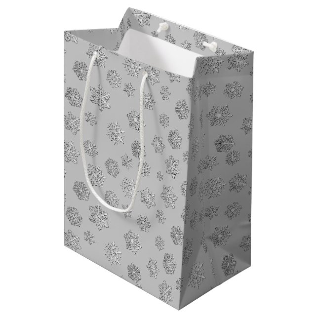 Silver 3-d snowflakes on a silver background medium gift bag (Front Angled)