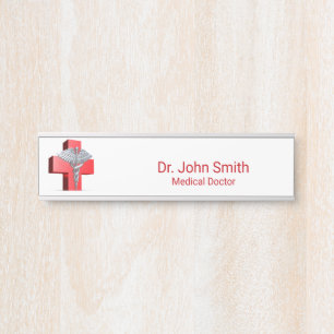 Silver 3D Caduceus Cross Medical Red Door Sign