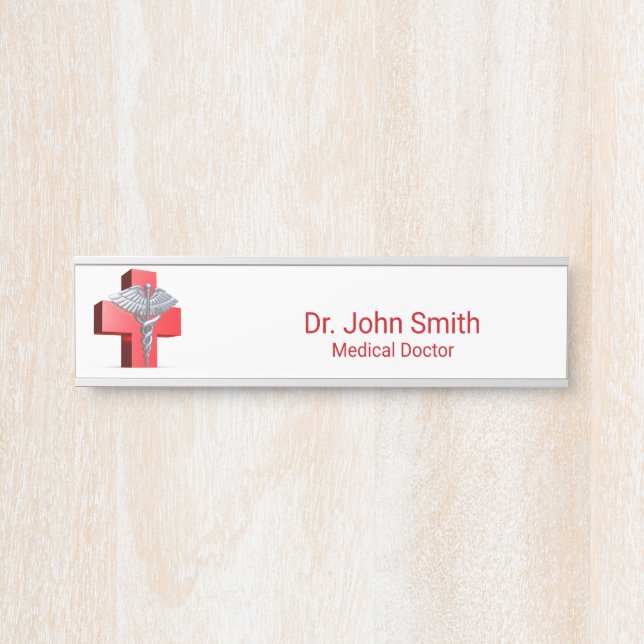 Silver 3D Caduceus Cross Medical Red Door Sign (Front)