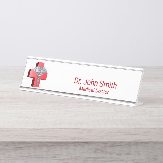 Silver 3D Caduceus Medical Cross Red Desk Name Plate (Front)