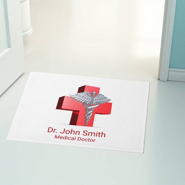 Silver 3D Medical Caduceus Cross Red Doormat (Creator Uploaded)