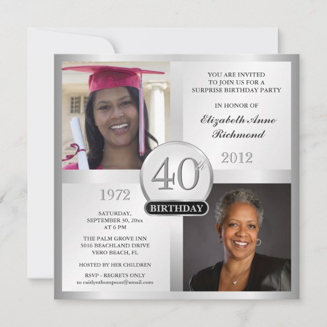 Silver 40th Birthday Invitations Then & Now Photos (Front)