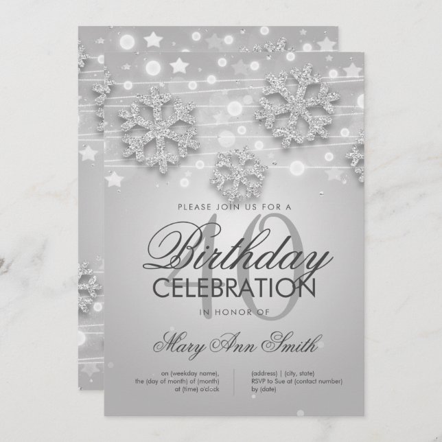 Silver 40th Birthday Winter Glitter Glam Invitation (Front/Back)
