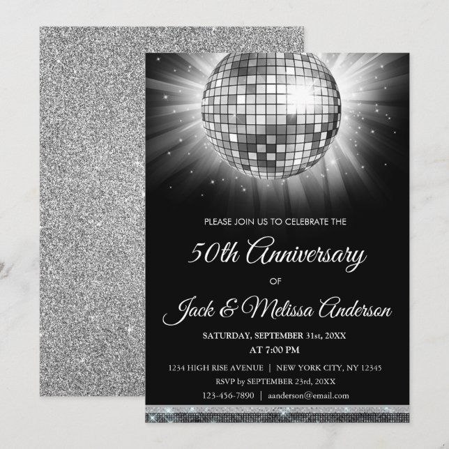 Silver 50th Anniversary Party Disco Ball Invitation (Front/Back)