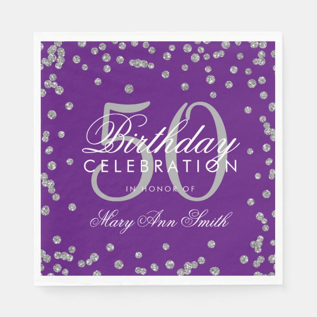 Silver 50th Birthday Glitter Confetti Purple Napkin (Front)