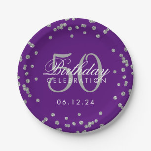 Silver 50th Birthday Glitter Confetti Purple Paper Plate