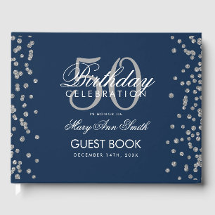 Silver 50th Birthday Party Confetti Navy Blue Guest Book