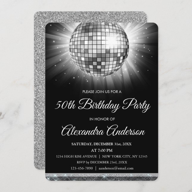 Silver 50th Birthday Party Silver Disco Ball Invitation (Front/Back)
