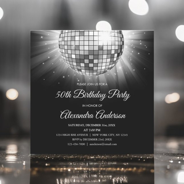 Silver 50th Birthday Party Silver  Disco Ball Invitation (Creator Uploaded)