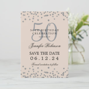 Silver 50th Birthday Save Date Details Champagne Invitation