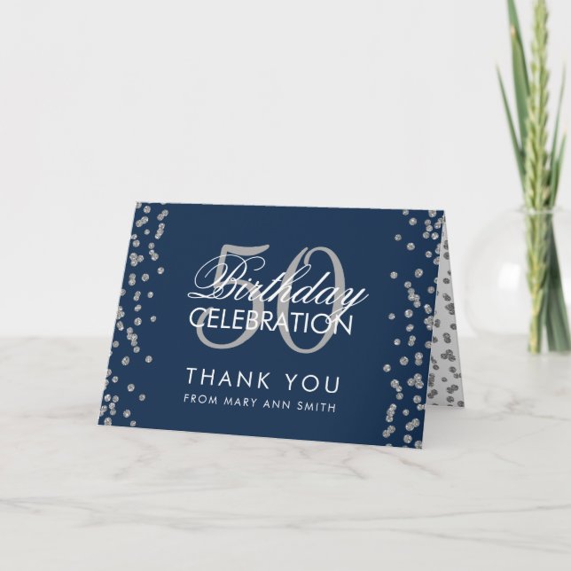 Silver 50th Birthday Thank you Confetti Navy Blue (Front)