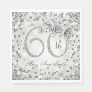 Silver 60th Birthday Floral Glam Lights Napkin