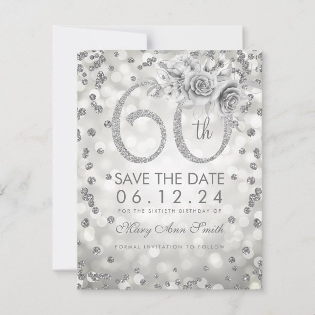 Silver 60th Birthday Glam Lights Save The Date (Front)