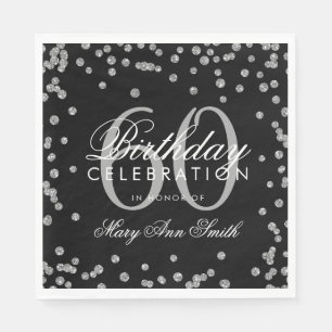 Silver 60th Birthday Glitter Confetti Black Napkin