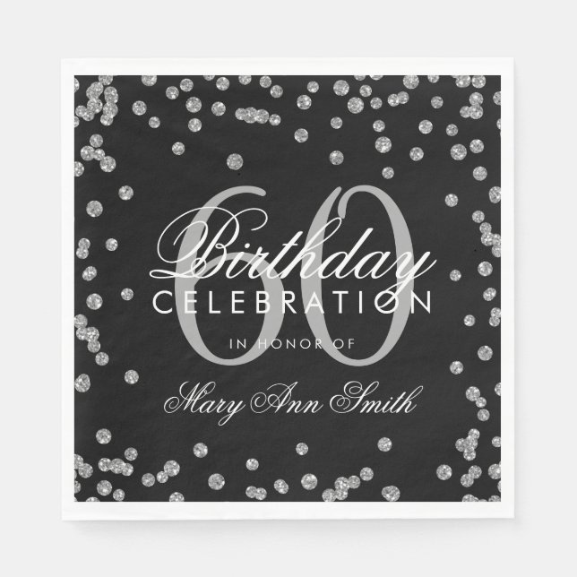 Silver 60th Birthday Glitter Confetti Black Napkin (Front)