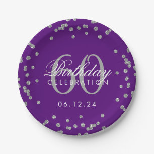 Silver 60th Birthday Glitter Confetti Purple Paper Plate