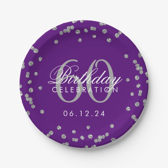 Silver 60th Birthday Glitter Confetti Purple Paper Plate (Front)