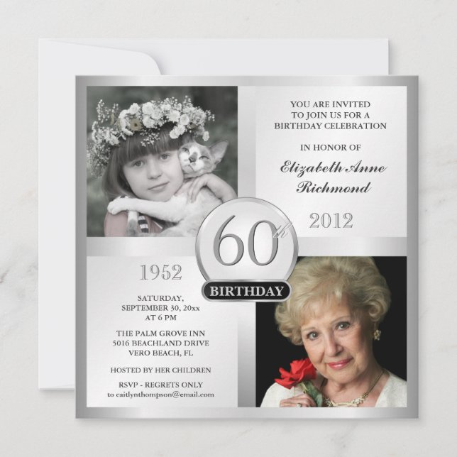 Silver 60th Birthday Invitations Then & Now Photos (Front)