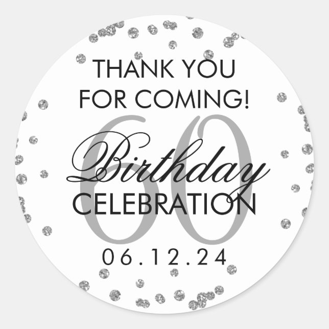 Silver 60th Birthday Thank You Glitter Confetti Classic Round Sticker (Front)