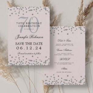 Silver 70 Birthday Save Date Details Blush Pink Invitation