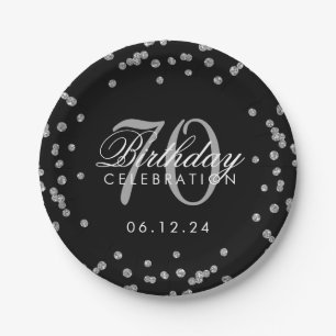 Silver 70th Birthday Glitter Confetti Black Paper Plate