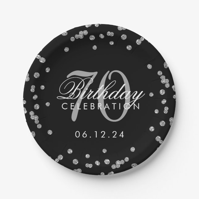 Silver 70th Birthday Glitter Confetti Black Paper Plate (Front)