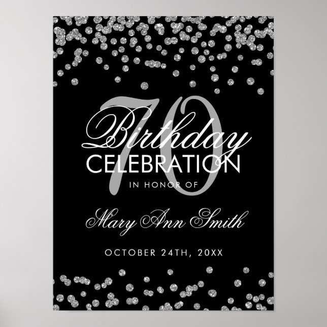 Silver 70th Birthday Glitter Confetti Black Poster (Front)