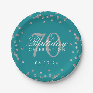 Silver 70th Birthday Glitter Confetti Teal Paper Plate