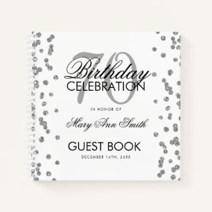 Silver 70th Birthday Guestbook Confetti White Notebook