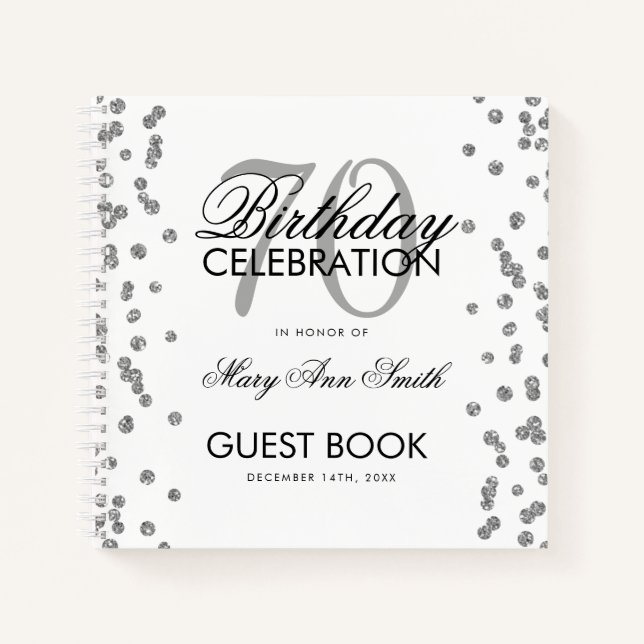 Silver 70th Birthday Guestbook Confetti White Notebook (Front)